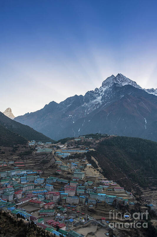 Everest Art Print featuring the photograph Morning Sunrays Namche by Mike Reid
