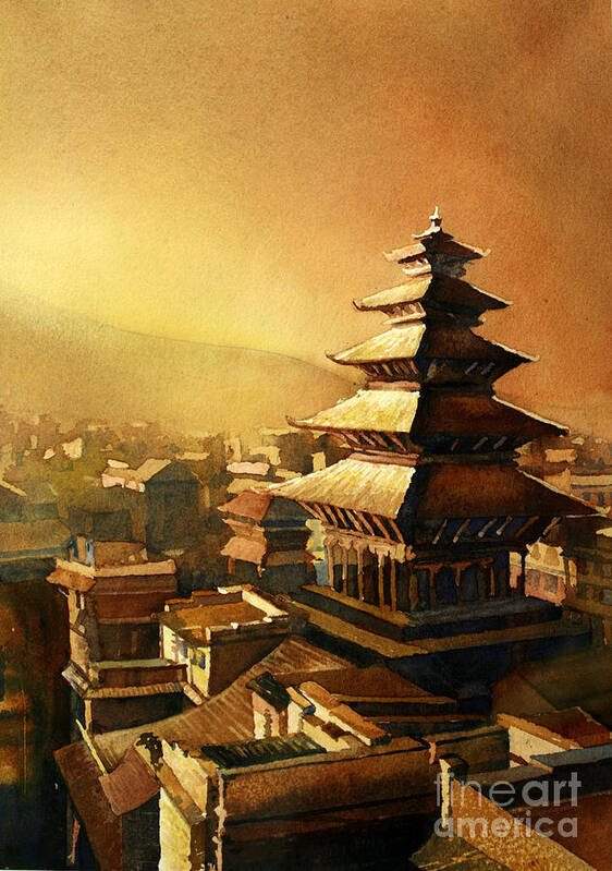 Temple Art Print featuring the painting Nepal Temple by Ryan Fox