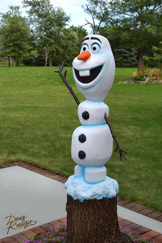 Walt Disney's Olaf Snowman Character Art Print featuring the sculpture Olaf Wood Carving by Doug Kreuger