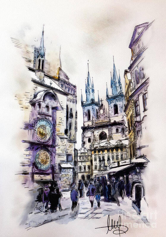 Old Town Square Art Print featuring the mixed media Old Town Square in Prague by Melanie D