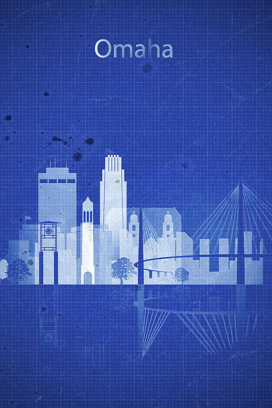 Blue Art Print featuring the painting Omaha blueprint skyline by Dim Dom