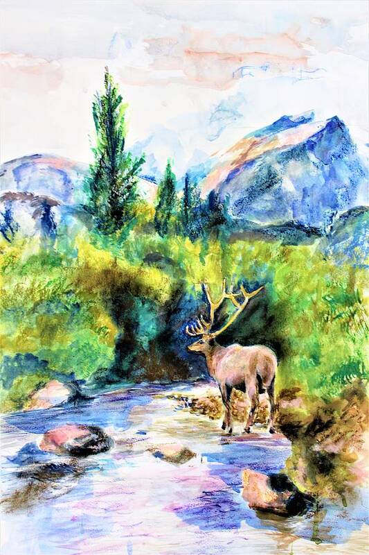 Landscape Art Print featuring the mixed media On the Stream by Khalid Saeed