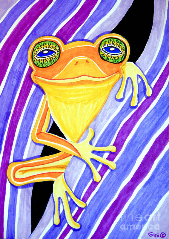 Frog Art Print featuring the drawing Orange Frog on a Purple Flower by Nick Gustafson