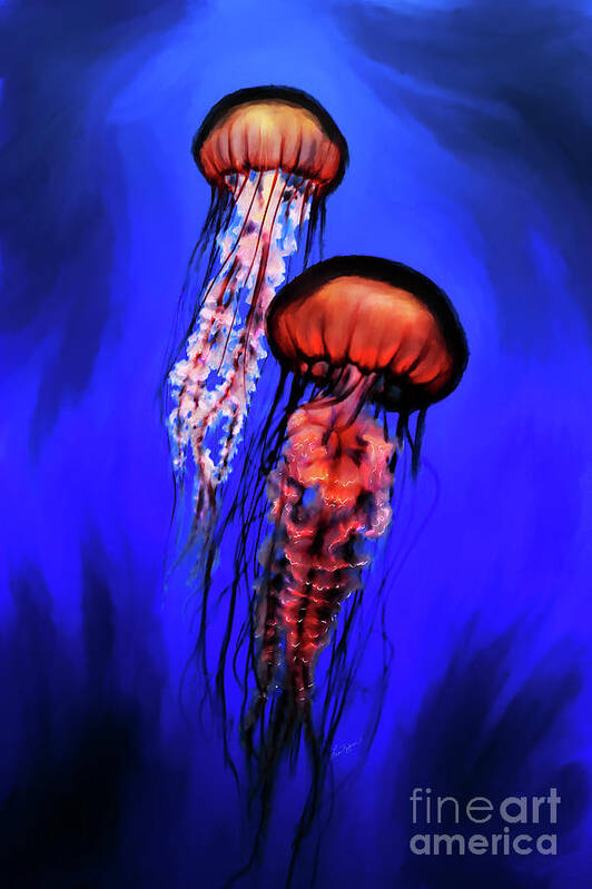Jellyfish Art Print featuring the digital art Orange Jellyfish by Lisa Redfern