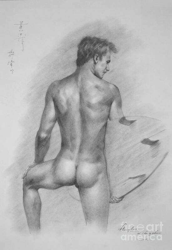 Drawing Art Print featuring the drawing Original Charcoal Drawing Art Male Nude On Paper #16-3-11-22 by Hongtao Huang