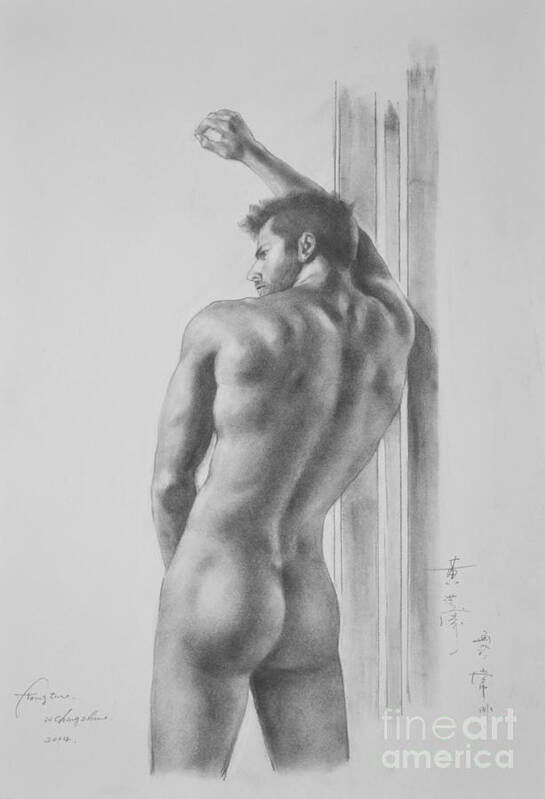 Original Art Art Print featuring the painting Original Drawing Sketch Charcoal Male Nude Gay Interest Man Art Pencil On Paper -0039 by Hongtao Huang
