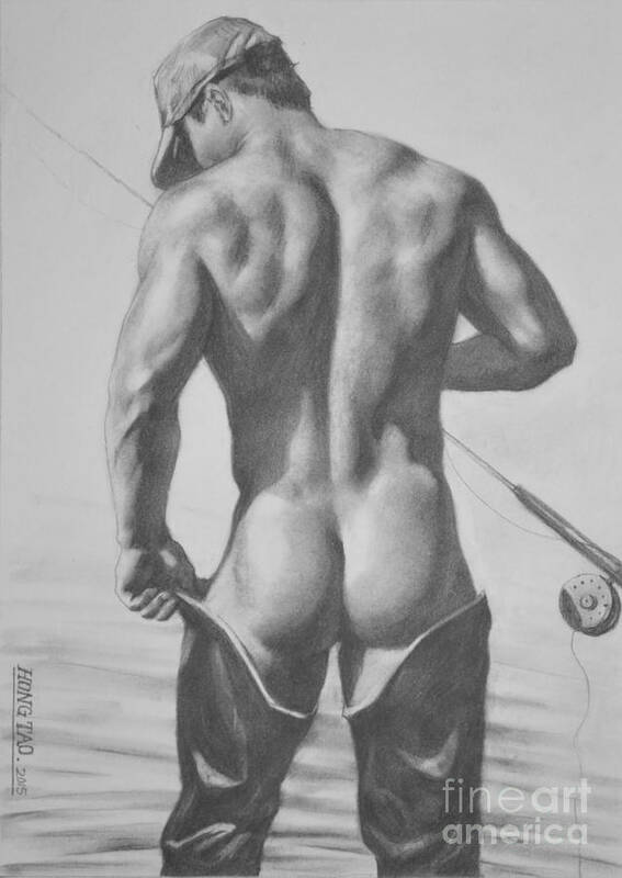 Original Art Art Print featuring the painting Original Drawing Sketch Charcoal Pencil Male Nude Gay Interest Man Art Pencil On Paper -0031 by Hongtao Huang