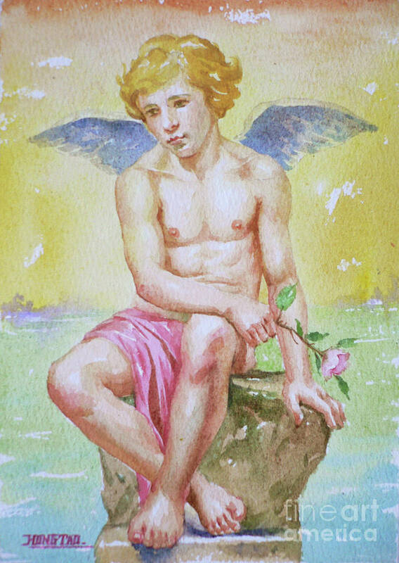 Watercolour Art Print featuring the drawing Original Watercolour Angel Of Nude Boy On Paper#16-11-2-01 by Hongtao Huang