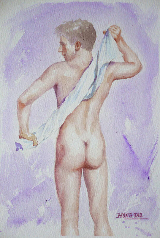 Original Art Art Print featuring the painting Original Watercolour Male Nude Bather On Paper#16-10-6-01 by Hongtao Huang