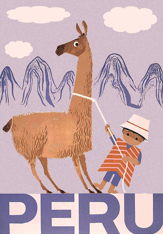 Peru Art Print featuring the painting Peru, boy with lama, vintage travel poster by Long Shot