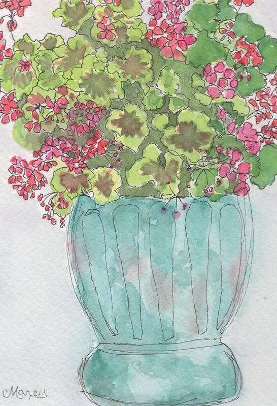 Watercolor Art Print featuring the painting Pink Geraniums by Marcy Brennan