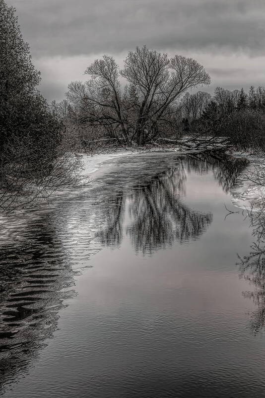 Black And White Art Print featuring the photograph Plover River Black and White Winter Reflections by Dale Kauzlaric