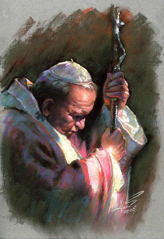 Portrait Art Print featuring the pastel Pope John Paul II by Ylli Haruni