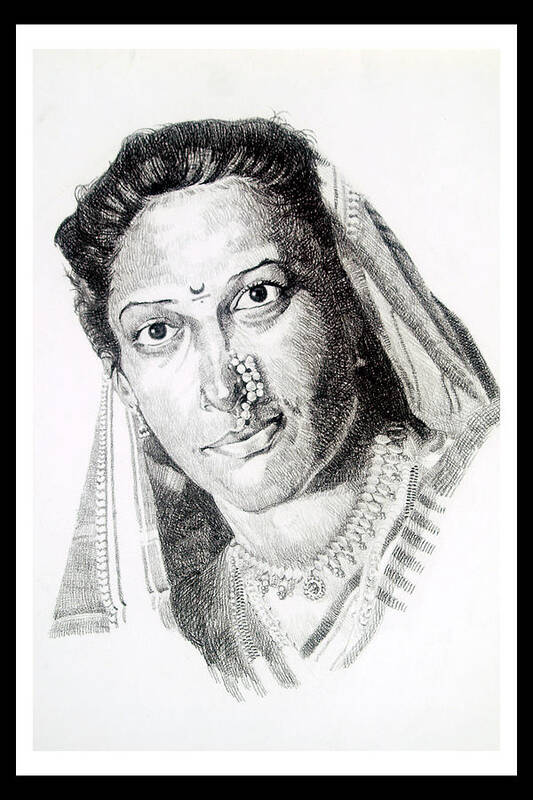 Portrait drawing of an East Indian Marathi young girl with a nose ring  Shower Curtain by Makarand Joshi - Fine Art America