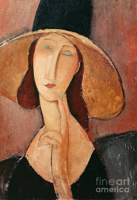 Portrait Art Print featuring the painting Portrait of Jeanne Hebuterne in a large hat by Amedeo Modigliani