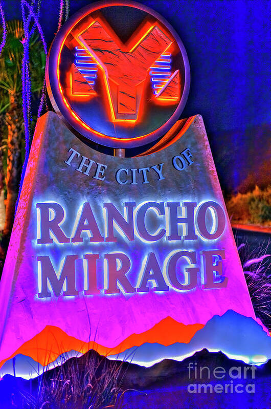 Rancho Mirage City Marker Lit At Night Art Print featuring the photograph Rancho Mirage City Marker Lit at Night by David Zanzinger