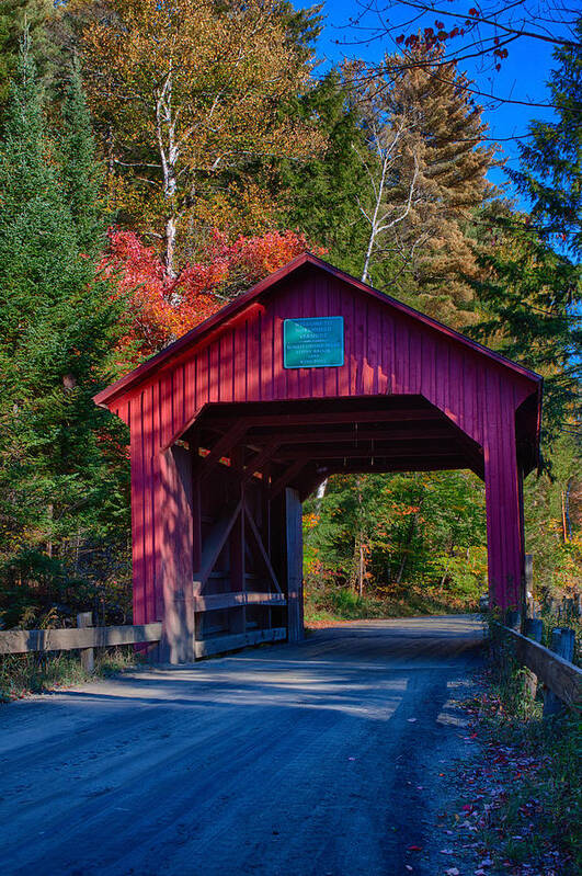 Moseley Covered Bridge Art Print featuring the photograph Red autumn foliage over Moseley covered bridge by Jeff Folger