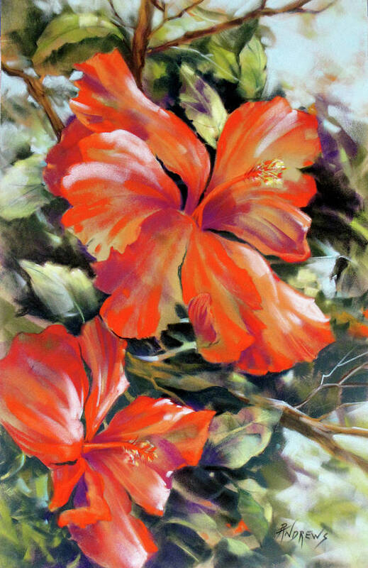Flower Art Print featuring the painting Red Fire Hibiscus by Rae Andrews