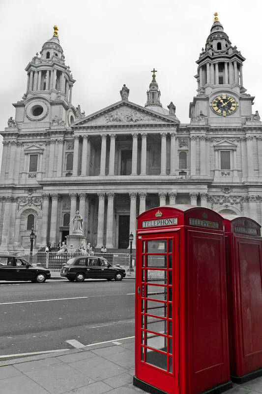 Black And White And Red Art Print featuring the photograph Red telephone boxes in London by Gary Eason