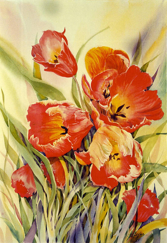 Tulip Painting Art Print featuring the painting Red Tulips in my Garden by Maryann Boysen