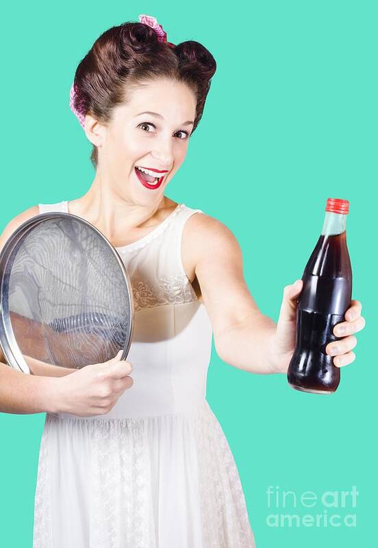 Soda Art Print featuring the photograph Retro pin-up girl giving bottle of soft drink by Jorgo Photography