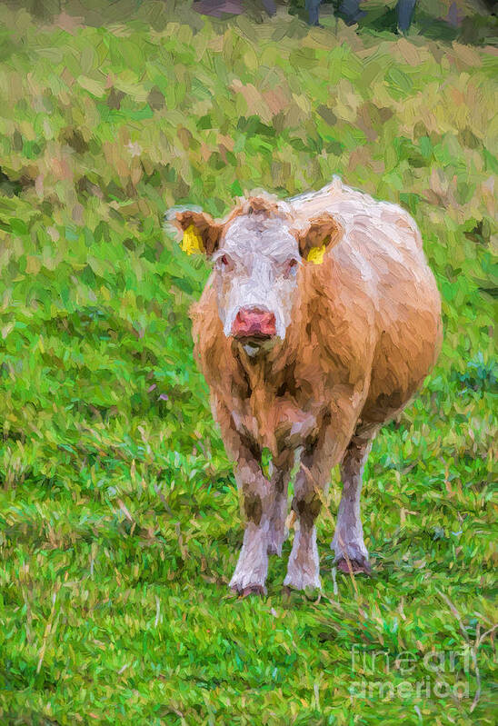 One Art Print featuring the photograph Sad Cow - painterly by Les Palenik