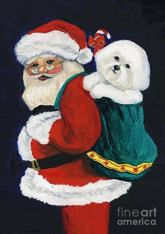 Dog Art Print featuring the painting Santa Claus with Bichon Frise by Charlotte Yealey