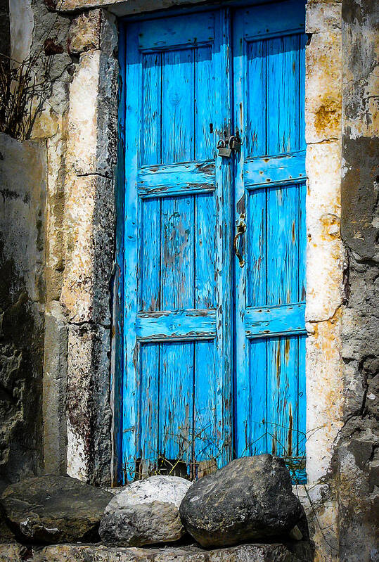 Santorini Art Print featuring the photograph Santorini Blue Door by Pamela Newcomb