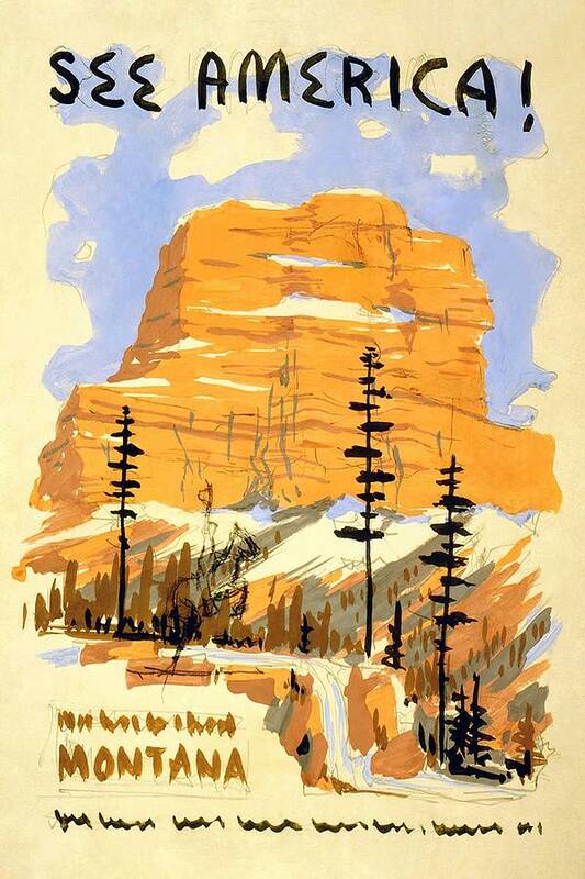 See America Art Print featuring the mixed media See America - Buttes in Montana - Retro travel Poster - Vintage Poster by Studio Grafiikka
