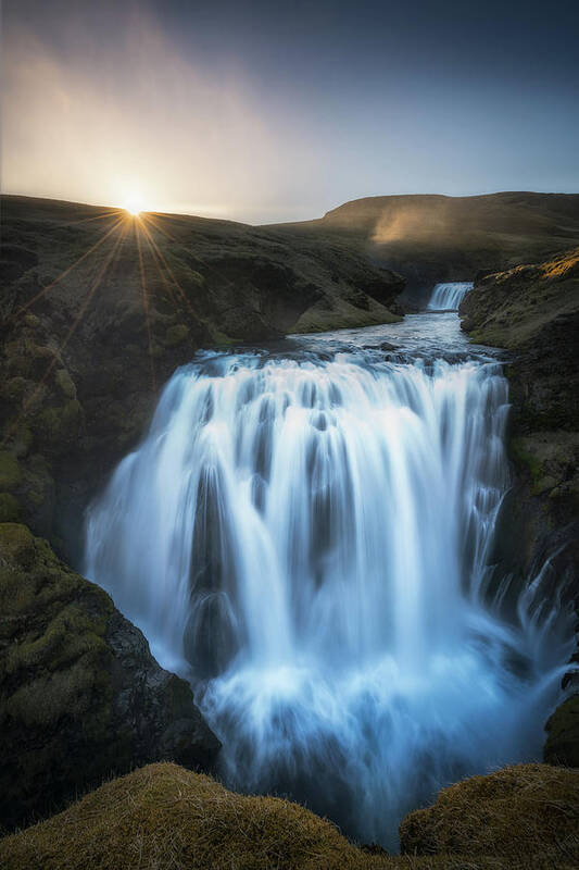 Iceland Art Print featuring the photograph Setting Sun Above Iceland Waterfall by James Udall