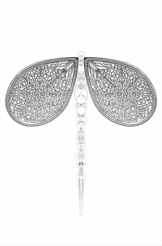 Nature Art Print featuring the digital art Siver lace and crystal dragonfly on white background by Susan Vineyard