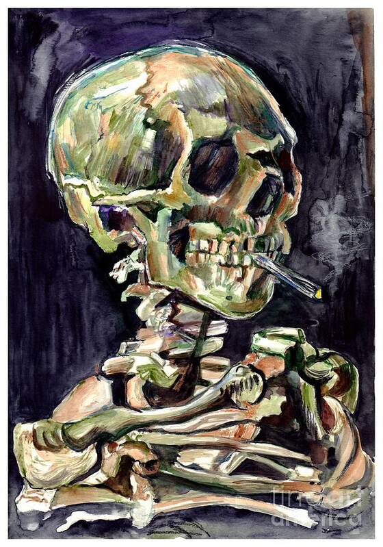 Watercolour Art Print featuring the painting Skull of a skeleton with burning cigarette by Suzann Sines