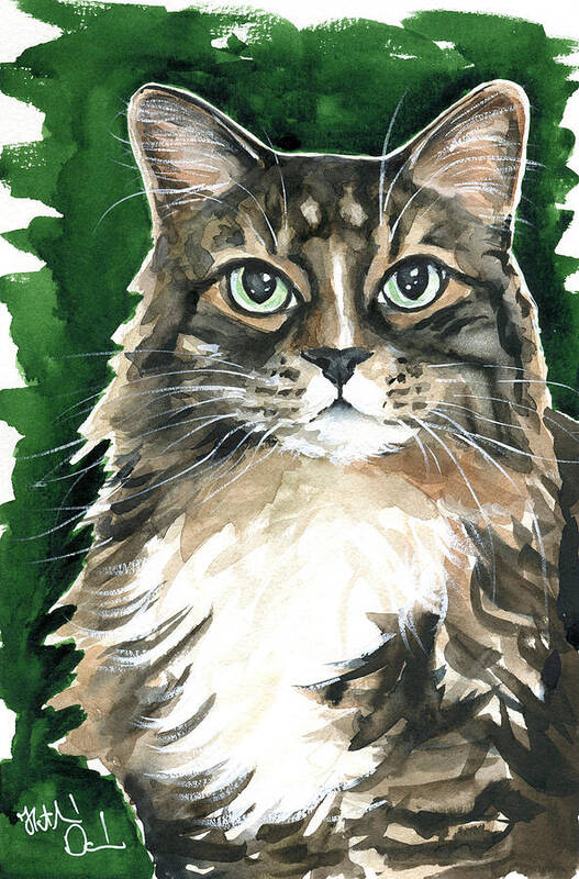 Cat Art Print featuring the painting Sly / Fluffy Tabby Cat Portrait by Dora Hathazi Mendes