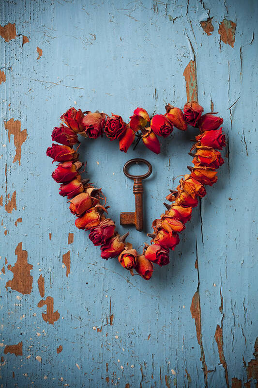 Love Rose Heart Wreath Art Print featuring the photograph Small rose heart wreath with key by Garry Gay