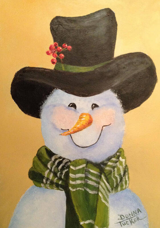 Snowie Art Print featuring the painting Snowman in Green Scarf by Donna Tucker