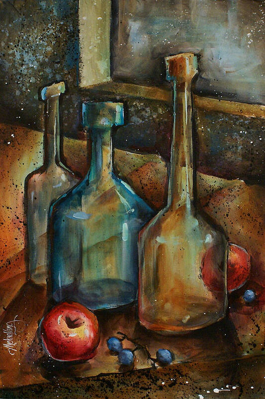 Still Life Fruit Apples Jars Bottles Dusk Lighting Mood Art Print featuring the painting Soldiers by Michael Lang