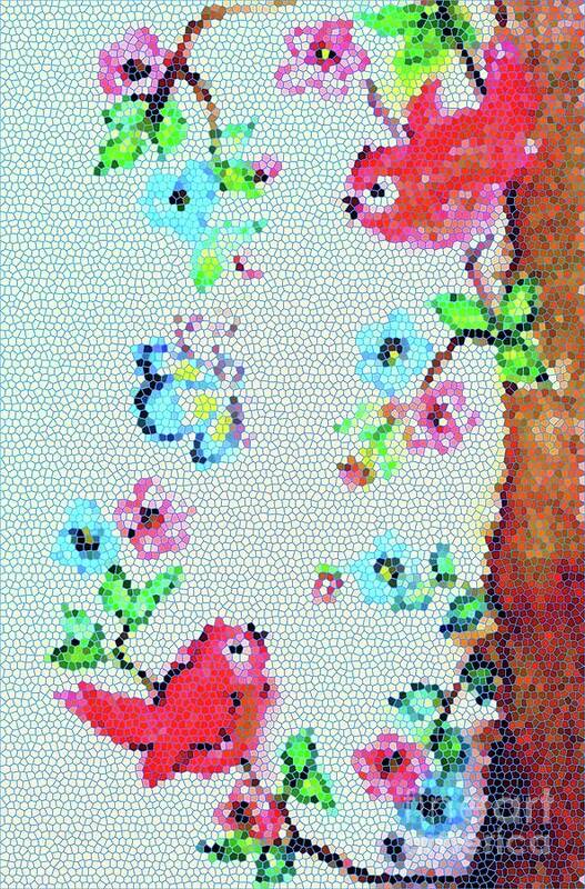 Two Red Birds Art Print featuring the painting Springtime Mosaic by Hazel Holland