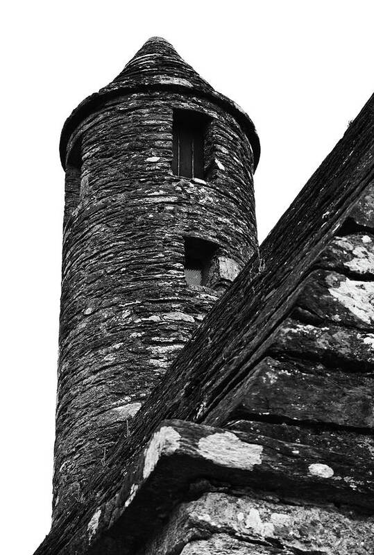 Glendalough Art Print featuring the photograph St Kevins Chapel Tower Glendalough Monastary County Wicklow Ireland Black and White by Shawn O'Brien