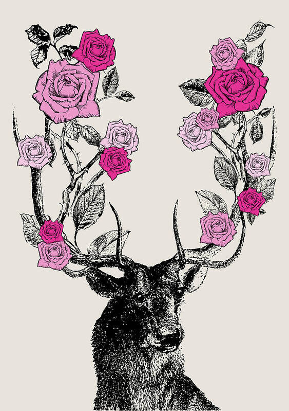 Stag And Roses Art Print featuring the digital art Stag and Roses by Eclectic at Heart
