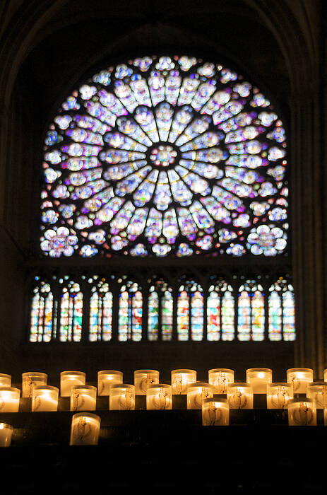 Paris Art Print featuring the photograph Stained glass window of Notre Dame de Paris. France by Bernard Jaubert