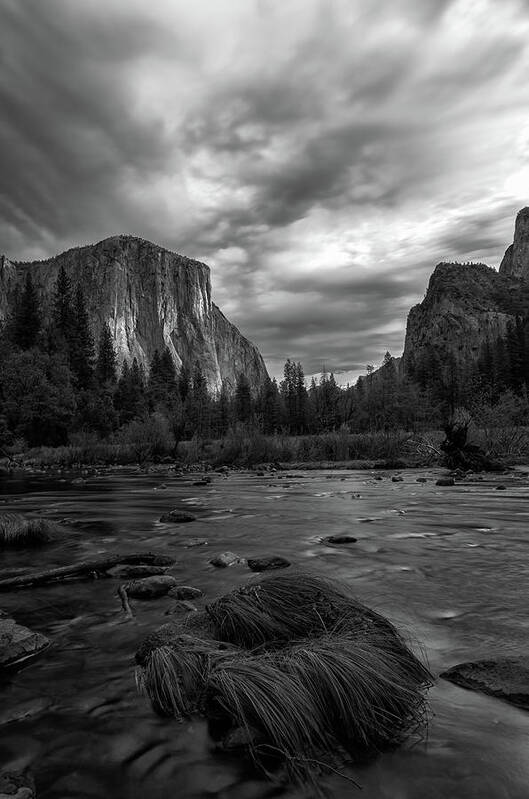 Landscape Art Print featuring the photograph storm over Yosemite Valley BW by Jonathan Nguyen