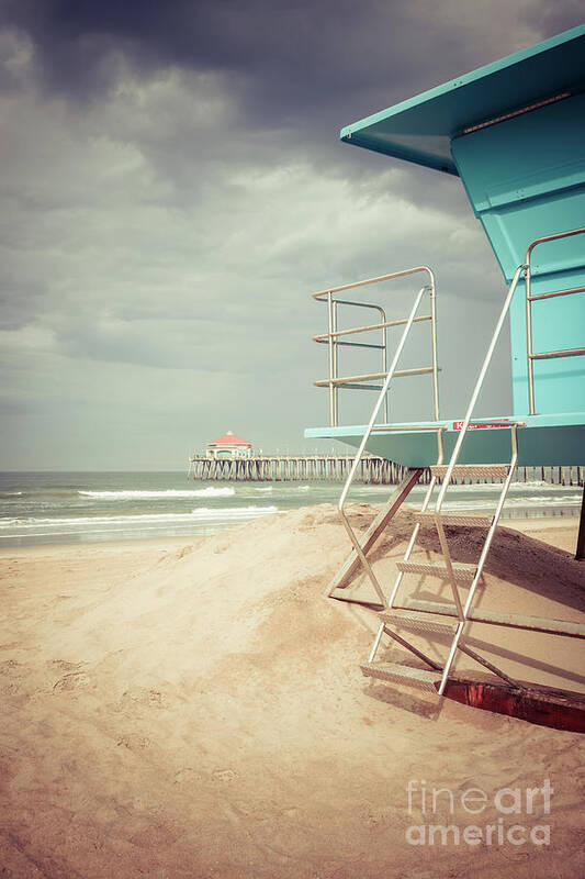 America Art Print featuring the photograph Stormy Huntington Beach Pier and Lifeguard Stand by Paul Velgos
