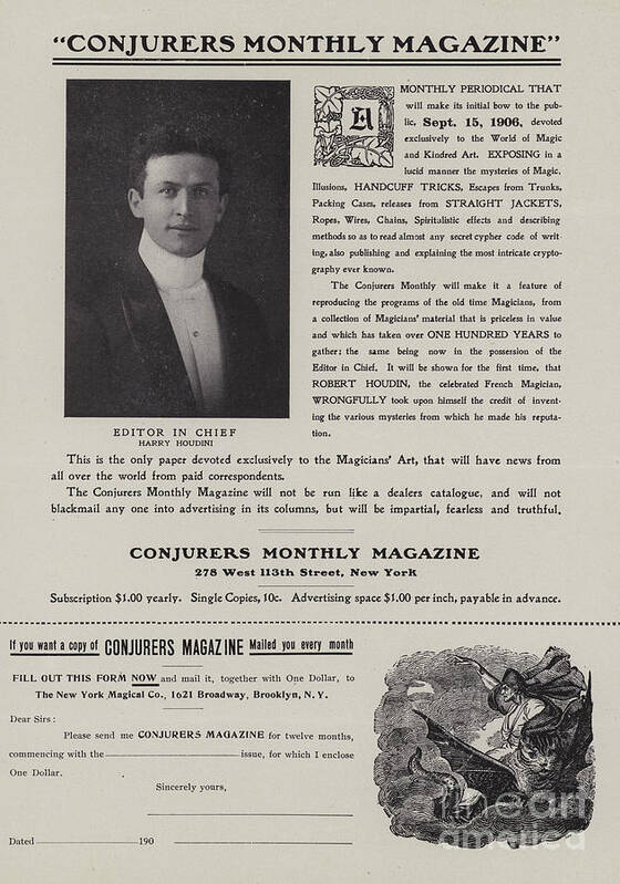 Magic Art Print featuring the drawing Subscription form for Conjurers Monthly Magazine, Editor In Chief Harry Houdini, circa 1906 by American School
