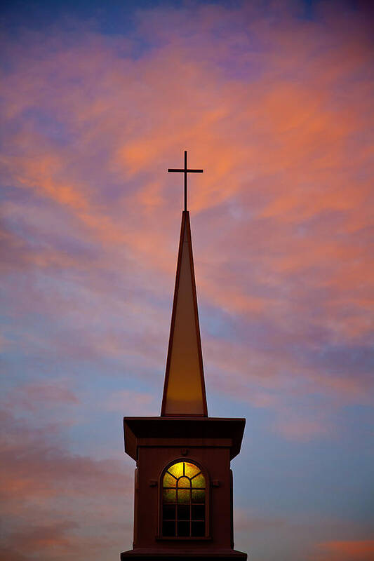 Church Art Print featuring the photograph Sunset Steeple by Toni Hopper