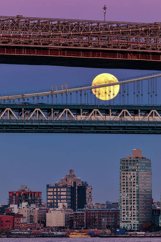 Brooklyn Bridge Art Print featuring the photograph Super Moon, Manhattan and Brooklyn Bridges NYC by Susan Candelario