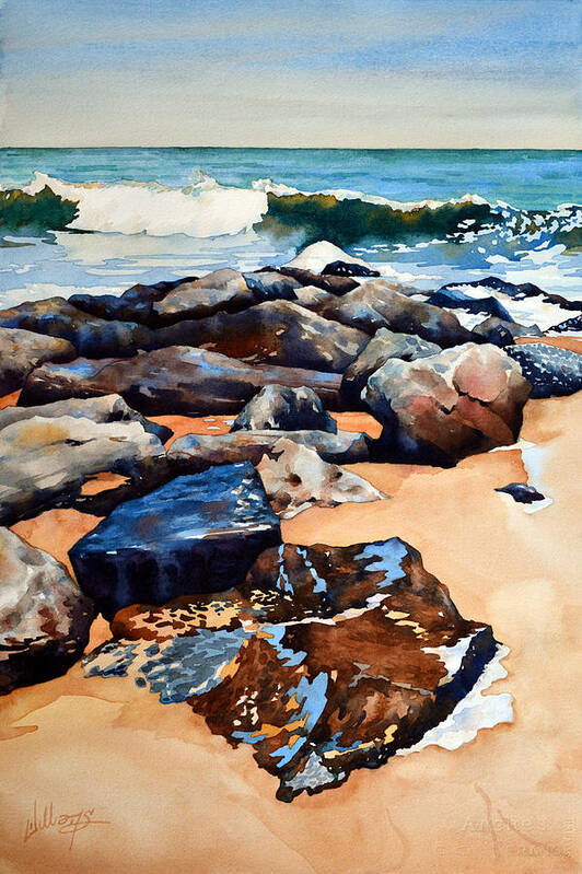 Beach Art Print featuring the painting Surf on the Jetty by Mick Williams
