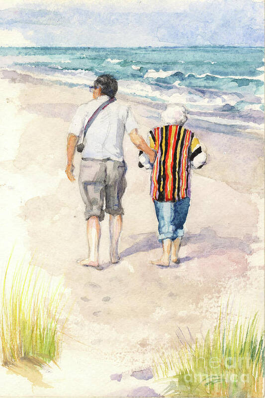 Beach Art Print featuring the painting Sweethearts at the beach by Nancy Watson