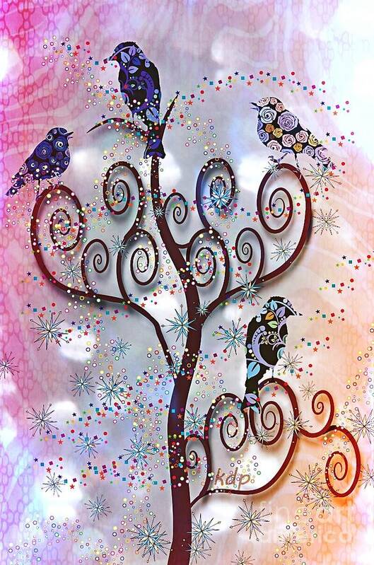 Vector Birds Art Print featuring the digital art Swirl Rainbow Tree by Kim Prowse