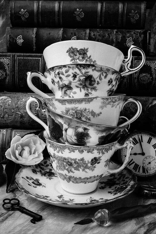 Flower Art Print featuring the photograph Tea Cups In Black And White by Garry Gay