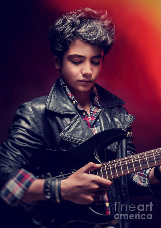 Adolescence Art Print featuring the photograph Teen guy playing on guitar by Anna Om